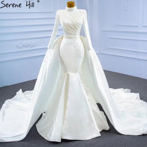 Serene Hill White Muslim Detachable Train Wedding Dresses 2021 Mermaid Elegant Beading Satin Bridal Dress HM67248 Custom Made