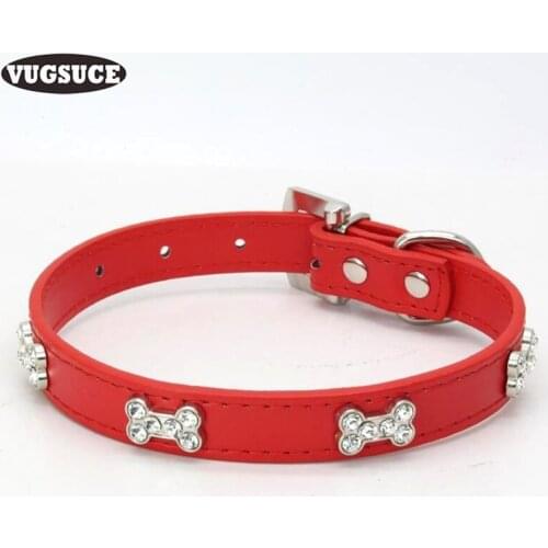 VUGSUCE Rhinestones Dog Collar Leather for Chihuahua Puppy Bone Adjustable Pet Collar Necklace for Small Large Dogs Pet Products