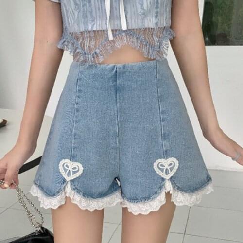 Japanese Girls Lolita Shorts Women Harajuku High Waist Ruffles Lace Splicing Denim Short Pants Sexy Punk Summer Wide Leg Bottoms