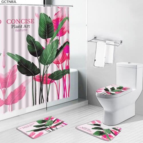 Green Tropical Plants Leaves Shower Curtains Bath Mat Monstera Leaf Non-slip Rugs Toilet Carpet Home Bathroom Decor Luxury Set