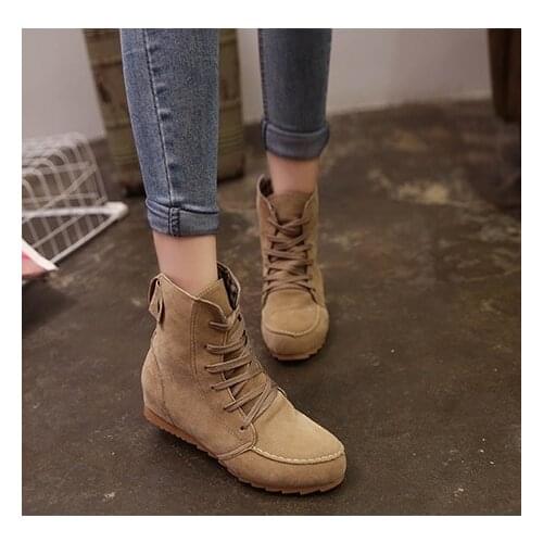2019 Winter Ankle Short Women Boots Flat Heel Lace-Up Single Boots Green Shoes Push Warm Flat Shoes Ladies Large Size