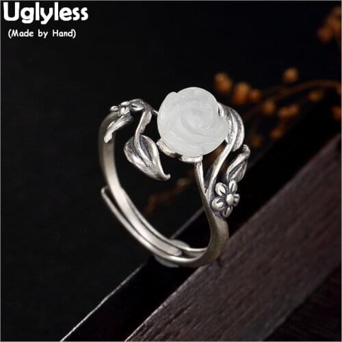 Uglyless 100% Real 925 Sterling Silver Natural Jade Flower Open Rings for Women Handmade Thai Silver Leaf Finger Ring Fine Jewel