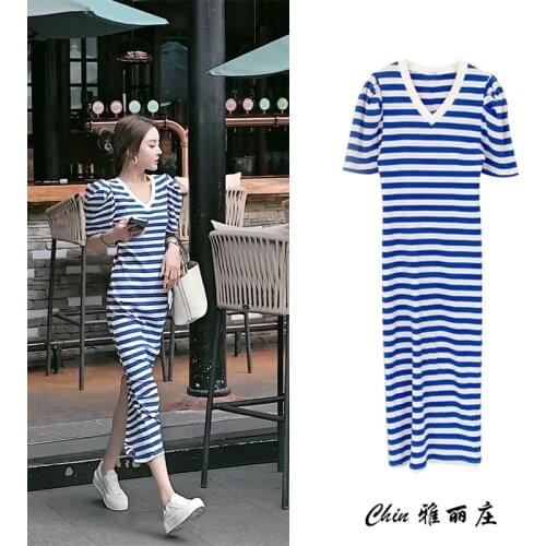 Knitted Striped Dress Female Summer 2021 Long Salt Retro French Slim V-neck High Waist Bag Hip Skirt