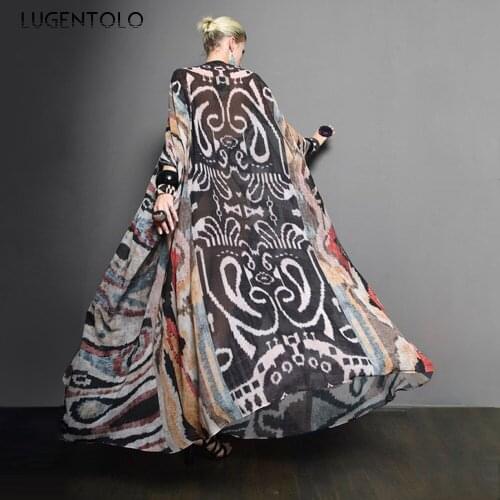 Women Vintage Dress Spring Summer Loose Fashion Muslim Dresses Lady V-neck Print Thin Big Swing Dress