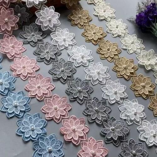 20X Lace Trim Polyester Soluble Pearl Flower Embroidered Ribbon Fabric Sewing Supplies Craft Decor, DIY Handmade Materials 5X5cm