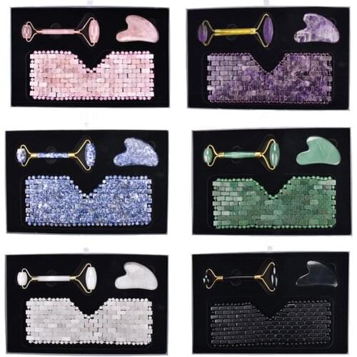 3pcs Rose Quartz Jade Eye Mask Massager Jade Roller And Guasha Board Set Natural Stone Gouache Scraper Face Roller With Box