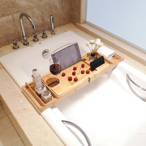 Bamboo Extension Antiskid Bathroom Multipurpose Extendable Bathtub Caddy Organizer Nonslip BathTub Tray Shelf Book Wine Tablet