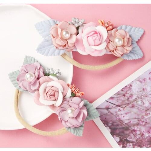 Baby Headband Artificial Flower Newborn Photo Props Pearl Girls Hair Accessories For Infant Thin Nylon Hairband Soft Head Bands