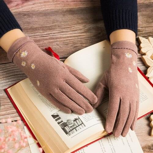 New Autumn Winter Flowers Embroidery Thin Section Keep Warm Touch Screen Elasticity Gloves Elegant Female Outdoor Cycling Soft