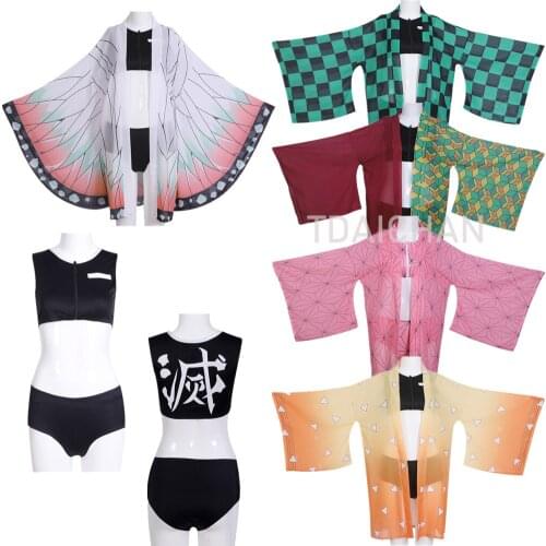 Demon Slayer Cosplay Kimetsu no Yaiba Kamado Tanjirou Cosplay Two Piece V Neck Bathing Suit Swimsuit with Sheer Kimono Cardigan