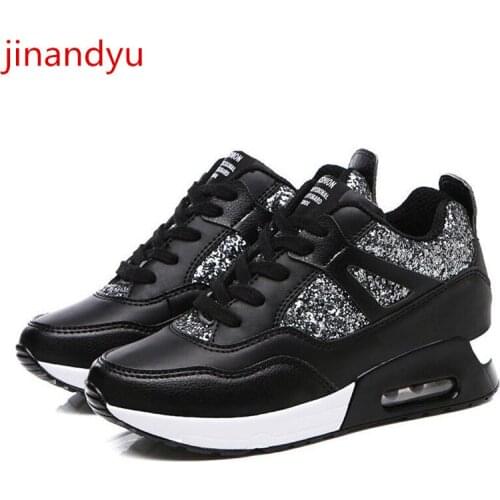 Bling Platform Wedge Sneakers Leather Casual Shoes for Women Black White Sneakers Lace-up Chunky Shoes Women Sport Sneakers