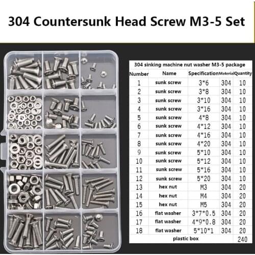 LANEJOY DIY Box Phillips Head Screws6-20mm,M3M4M5Hex Nuts, Flat Washer,304Stainless steel Countersunk Head Screw M3-5 Set240pcs