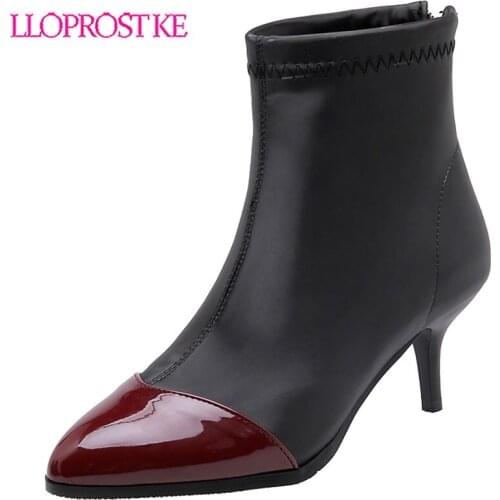Lloprost ke 2020 Satin Patent Leather Fashion Mixed Color Zipper Ankle Boots Thin High Heel Pointed Toe Winter Women Shoes H551