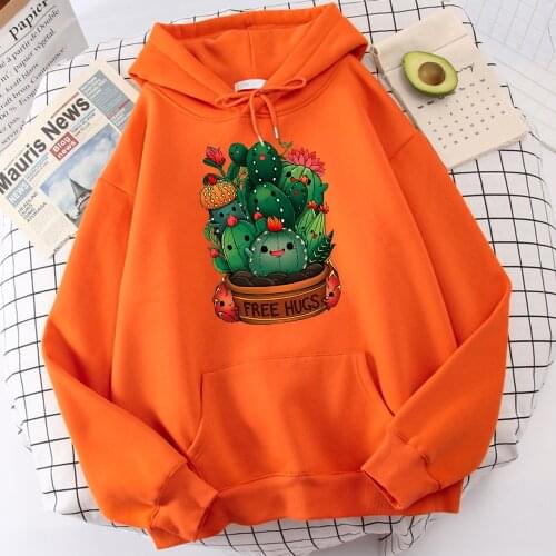 Cute Plant Cactus Free Hugs Printed Womens Hoody Hipster High Quality Sweatshirt Cartoons Casual Hoodie Loose Autumn Tops Men