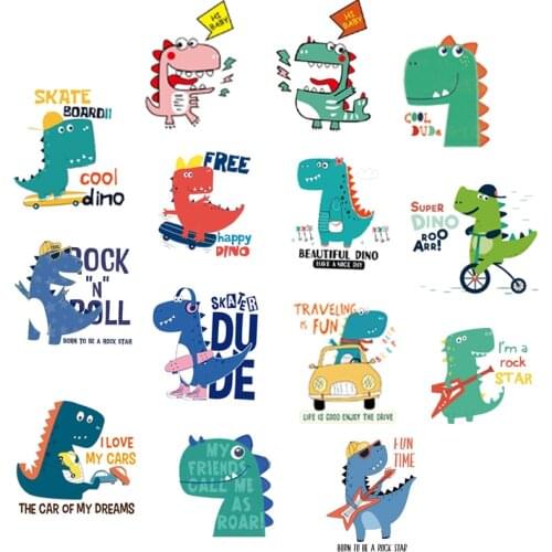 Cute dinosaur badge vinyl transfer iron on transfers for clothing boys cartoon patch stickers for clothes applique stripe diy