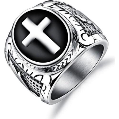 Mens Titanium Steel Christian Holy Cross Prayer Ring Wedding Band Size 7-12