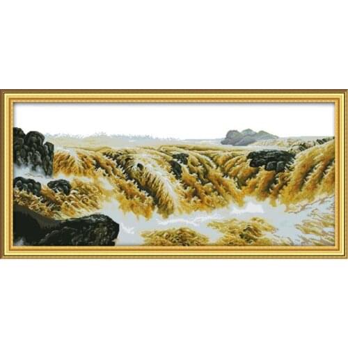Yellow River Scenery Cross Stitch Full Embroidery Kit 14CT 11CT Landscape Waterfall Painting Embroidery DIY Crafts Home Decorati