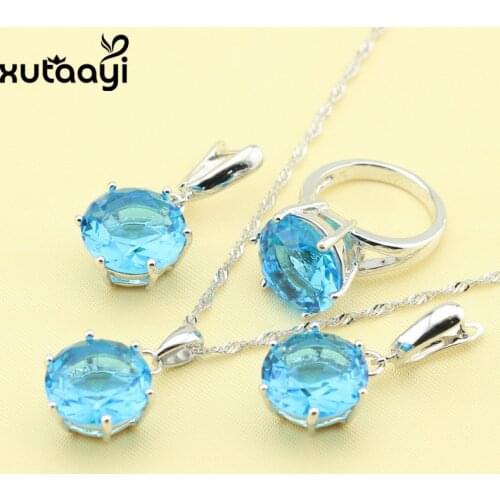 Water Drop Blue Zircon Fashion Silver Jewelry Sets For Women Flawless Necklace Rings Earrings Wedding Jewelry