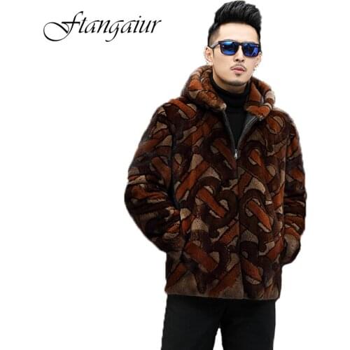 Ftangaiur 2021 New Winter Fashion Men Import Mink Fur Coat Print With Fur Hood Mink Coats Mens Smart Causal Real Mink Fur Coats