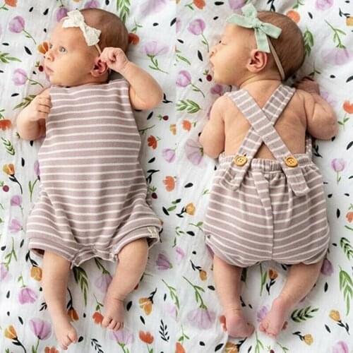 Baby Girls Stripes Romper Bib Pants Overalls Outfits Clothes Summer Dark Buckle Baby Boys Casual Junpsuits