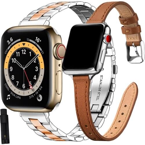 2pcs for apple watch bands 40mm 38mm 44mm 42mm Women Slim Thin Leather + stainless steel strap for iwatch band SE Series 6 5 4 3