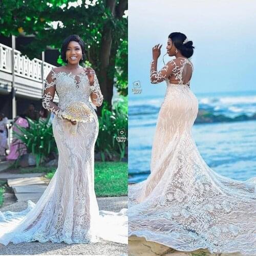 Luxurious Lace Beaded 2021 African Wedding Dresses Mermaid Sheer Neck Bridal Dress Long Sleeves Vintage Sexy Plus Size