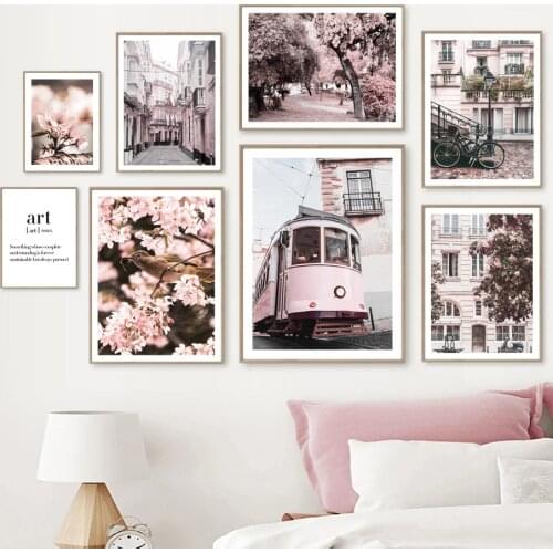 Pink Cherry Blossoms Grass Tram Bike Girl Wall Art Canvas Painting Nordic Posters And Prints Wall Pictures For Living Room Decor