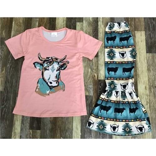 Spring summer Girls clothing outfit Pink round-necked cow-head print short sleeve bell-bottom trouser set