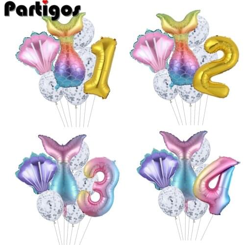 7pcs/lot Mermaid Party Balloons 32inch Number Foil Balloon Kids Birthday Party Decorations Baby Shower Decor Helium Globos
