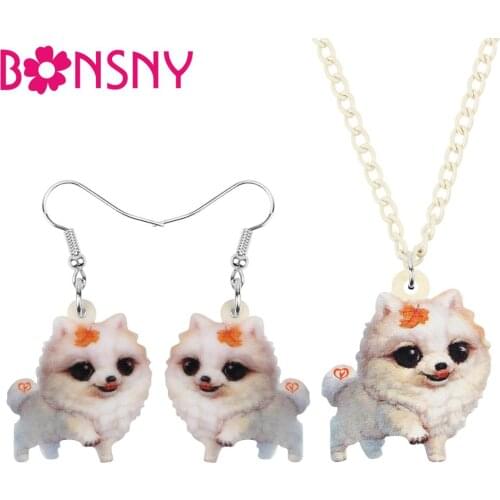 Bonsny Acrylic Anime Pomeranian Dog Jewelry Sets Necklace Earrings Animal Jewelry For Women Girl Teen Decoration Gift Accessory