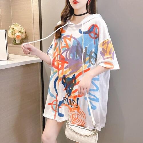 Summer new Korean version of the large size womens loose hooded short-sleeved t-shirt printing round neck half-sleeved T-shirt