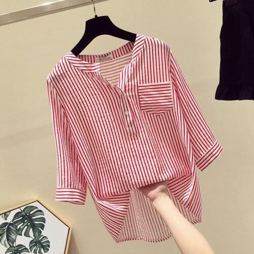 2021 Summer New Chiffon Women Blouse Striped Lantern Sleeved V-neck Loose All Match Casual Lady Elegant Pulls Outwear Tops