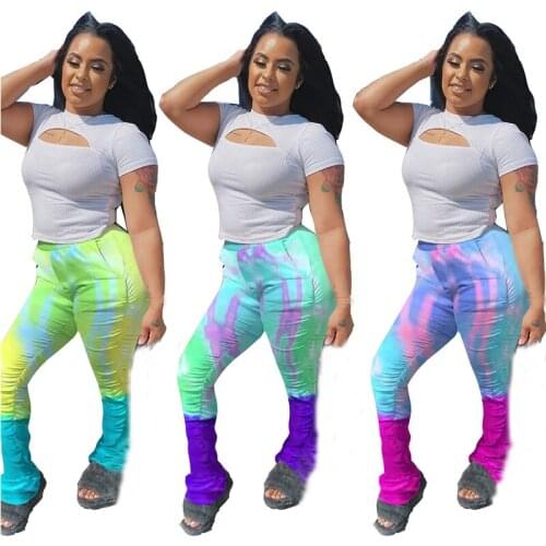 Printed Colorful Stacked Leggings Pants Women High Waist Pleated Bell Bottom Ruched Stacked Trousers Draped Jogger Sweatpants