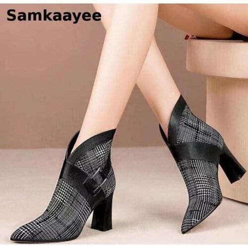 Size 35-41 Womens Boots Winter Female PU Leather Pumps Ankle High Heels Shoes Plaid Zipper Pointed Toe Buckle Ladies Zapatos y62