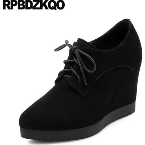 Size 4 34 Suede Pumps Sheepskin Shoes Women High Heels Genuine Leather Lace Up Platform Black Wedge Quality Pointed Toe Autumn