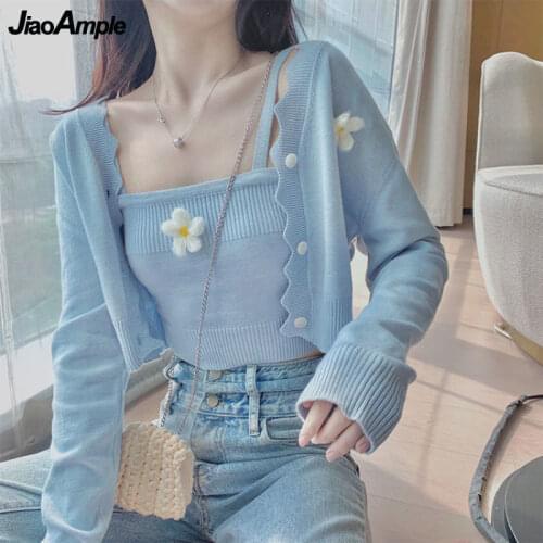 Womens Autumn Sweet Floral Knit Top Two Pieces Set 2021 Korean Fashion Cute Short Vest Sweater Coats Suit Lady Blue Cardigan