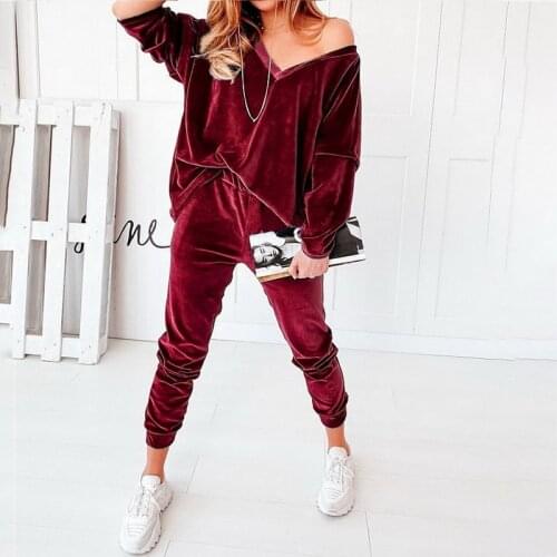 Women Tracksuit Sexy V Neck Sweatshirt Top and Wide Leg Pants Sweatpants Matching Sets Velvet Two Pieces Set Casual Sport Suits