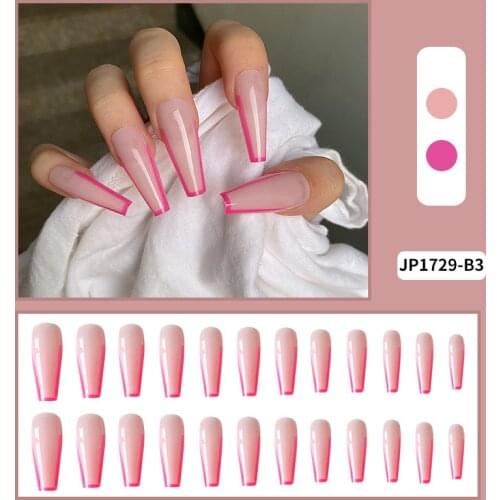 24pcs Pink Nail Patch Glue Type Removable Super Long Paragraph Fashion Manicure Save Time False Nail Patch Natural Full Cover