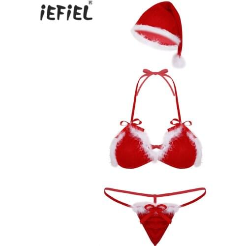 3Pcs Womens Soft Velvet Christmas Costume Lingerie Sets Halter Neck Bikini Bra Top with G-string Thong Briefs Underwear and Hat