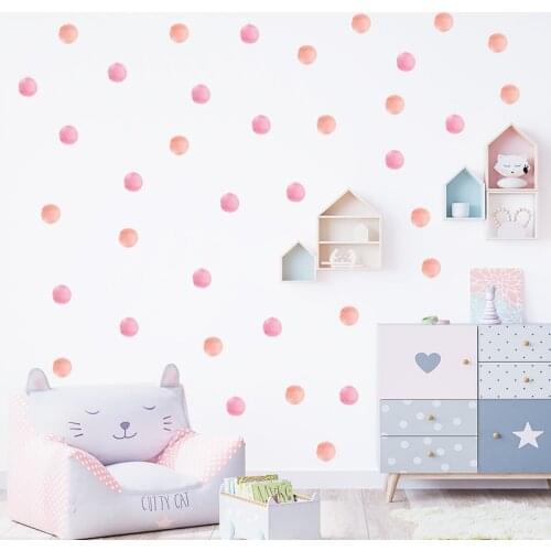36pcs Pink Hand Draw Polka Dots Wall Stickers Watercolor Circle Wall Decals for Kids Room Baby Nursey Home Decor Decoration PVC