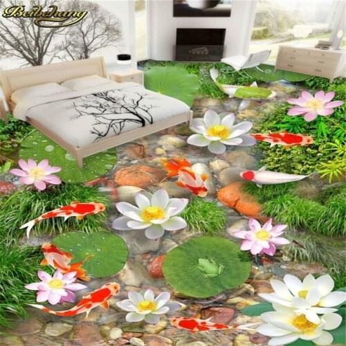 Beibehang Custom Lotus goldfish Floor Wallpaper Flowers Toilets Bathroom Bedroom papel de parede 3D Mural Painting Wall paper