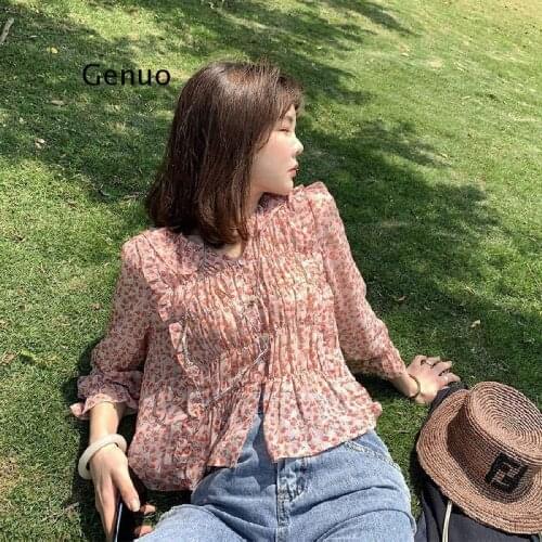 Blouses Women Temperament Leisure Floral Summer Spring New Feminino Chic Tops Floral Retro All-Match V-Neck Woman Shirts Ruffles