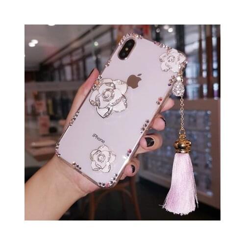 Tassel pendant Cover For Samsung S21 S20 S10 S9 S8 PLUS S7 S6 edge Note20 10 9 8 Cute glitter Rhinestone flower pearl soft Case