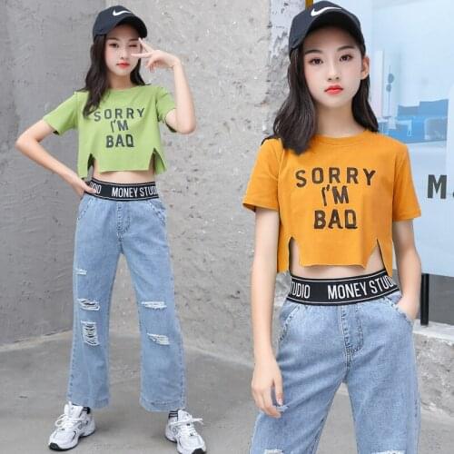 Little Girls Tops T Shirt and Wide-legged Pant Fashion Children Letter Outfits Boutique Kids Jeans Summer Clothes Two Piece Set