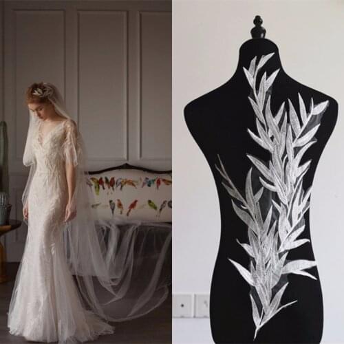 JX-LCLYL New Large Leaf Embroidery Lace Applique Off White Back Bridal Tulle Motif Bamboo