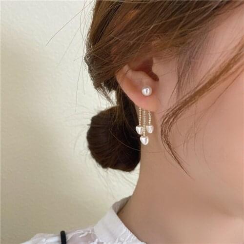 Korean Elegant Pearl Heart After Hanging Drop Earrings For Women Ladies Fashion Rhinestone Tassel Pendientes Jewelry