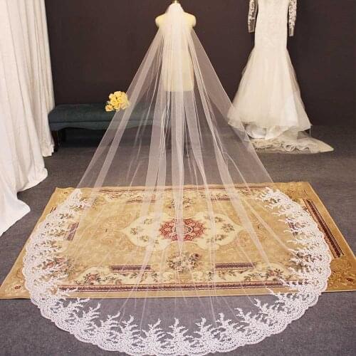 High Quality Lace Long Wedding Veil Cathedral Bridal Veil with Comb White Ivory One Layer Veil Bride Accessories Voile Mariage