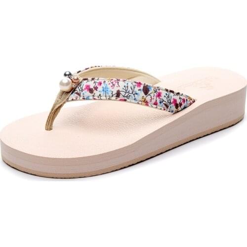 Summer Womens Shoes Wear Slope-Heel Flowers High-Heeled Non-Slip Simple Age-Reducing Pearl Flip-Flops Daily Sandals Slippers