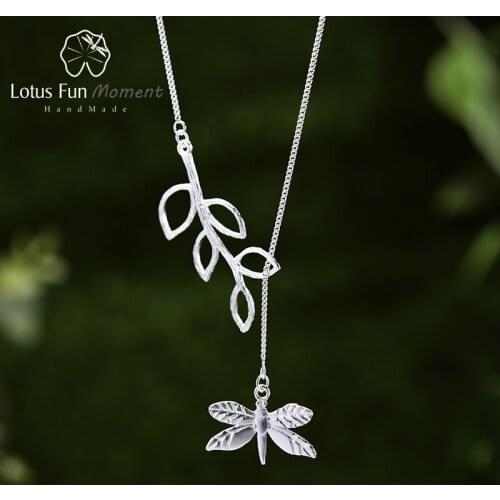 Lotus Fun Moment Real 925 Sterling Silver Designer Fashion Jewelry Cute Dragonfly Leaves Necklace with Pendant for Women Collier