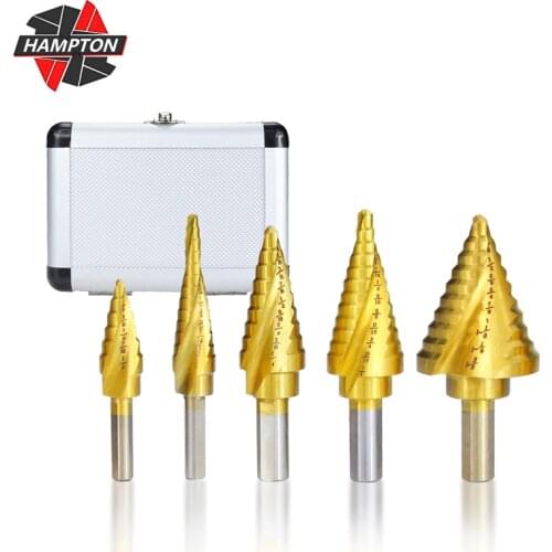 Hampton 5pcs HSS Step Drill Bit Set Titanium Coated Imperial Triangle Shank Core Drill Bit Sprial Wood Metal Hole Cutter